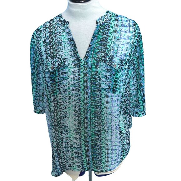 Two by Vince Camuto Size 2X Shirt Top Abstract Print Green Blue Semi Sheer - Picture 9 of 9